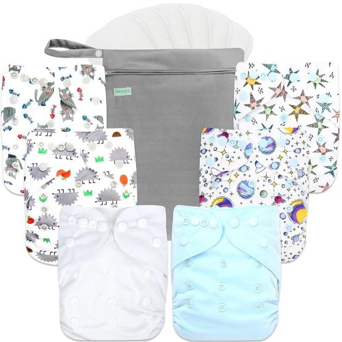 wegreeco Cloth Diapers 6 Pack with 6 Inserts & 1 Wet Bag, Washable Cloth Diapers for Babies, One Size Adjustable Reusable (Fantastic World)