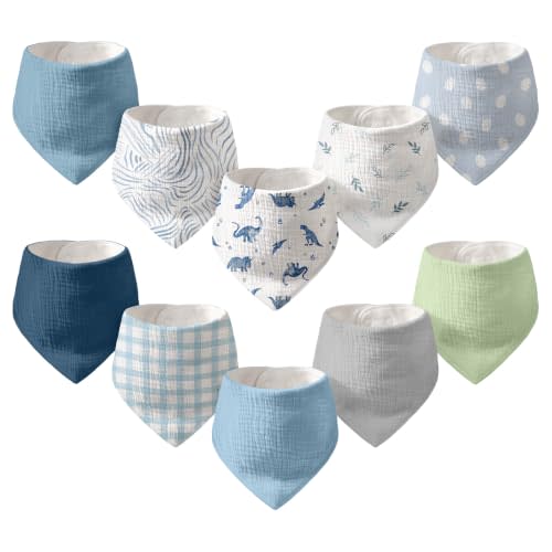 10 Pack Muslin Baby Bandana Bibs for Drooling and Teething | Absorbent Cotton Drool Bib for Baby Boy Girl, Easy Adjustable Bibs for Newborn Infants Toddlers, 0-36 Months, Blue Dinosaur