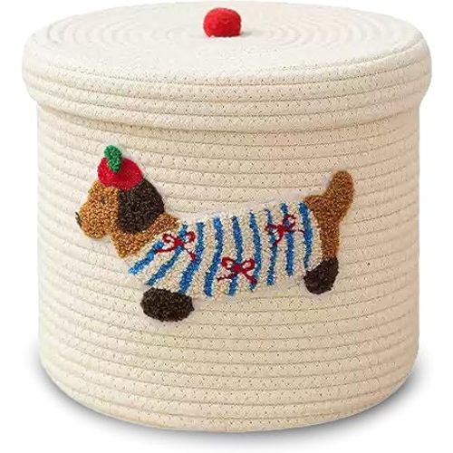 Cute Dog Cotton Rope Storage Basket with Lid, 10"×10"×9" Woven Storage Bin, Large Capacity Dustproof Toy Organizer, Decorative Laundry Hamper for Living Room, Nursery, Kids Room (Large)