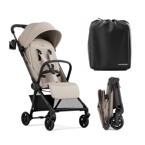 Mompush Nexis Carbon Fiber Lightweight Travel Stroller, Carry-On, Khaki | Lightweight travel stroller for airplane, compact auto-fold, one-hand recline, XL basket, cup holder, rain cover included