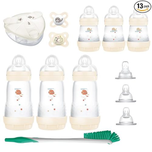 MAM Newborn Essentials Anti-Colic Baby Bottle & Pacifier Set 6 Easy Start Bottles (5oz & 9oz) 8 SkinSoft Nipples (Slow–X-Fast Flow) | Self-Sterilizing, Glow in The Dark Pacifiers & Brush