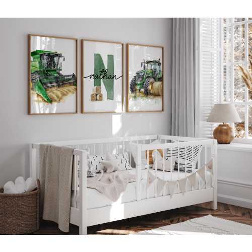 Personalized Farm Tractor and Harvester Wall Art Set of 3 Posters