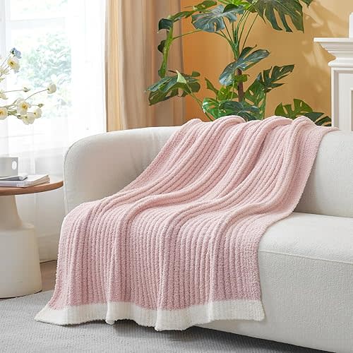 Snuggle Sac Pink Throw Blanket for Couch, Soft Cozy Ribbed Fluffy Blankets for Women, Warm Microfiber Knit Cute Throws for Girls Daughter Women Gifts for Mom, Pink, 50x70 inches
