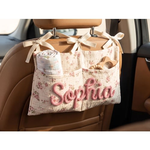 Personalized Car Backseat Organizer,Embroidered Kids Car Caddy with Knit Name,Floral Cotton Toy Storage,Baby Shower Gifts,Road Trip