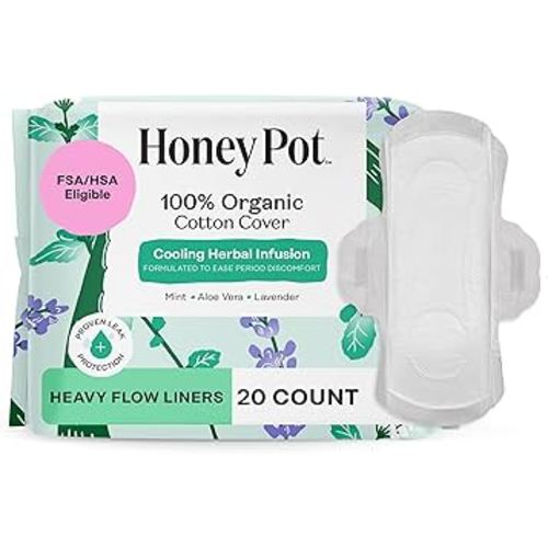The Honey Pot Company - Herbal Panty Liners for Women - Heavy Flow w/Wings - Infused w/Essential Oils for Cooling Effect & Organic Cotton Cover - Feminine Care - 20 ct