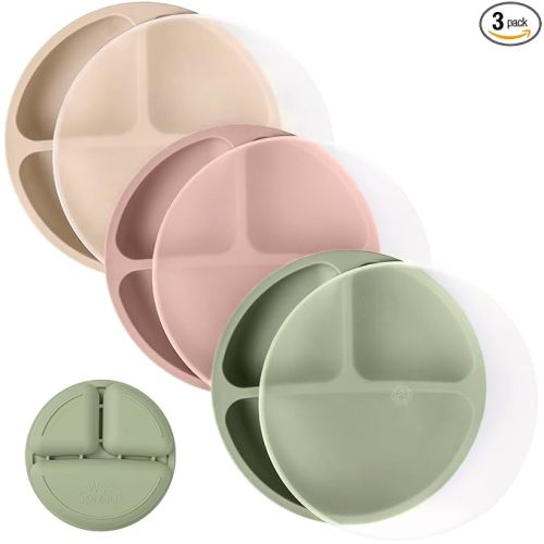 WeeSprout Silicone Plates with Lids for Babies & Toddlers (3 Pack) 100% Food-Grade Dishes for Self Feeding, Divided Design & Raised Edges for Picky Eaters, Dishwasher & Microwave Safe Weaning Supplies