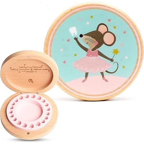 Baby Tooth Keepsake Box – Wooden Beechwood Tooth Fairy Holder & Memory Capsule for First Tooth, Curl & Umbilical Cord – Unisex Boys & Girls Shower Gift Registry Must-Have (Pink)