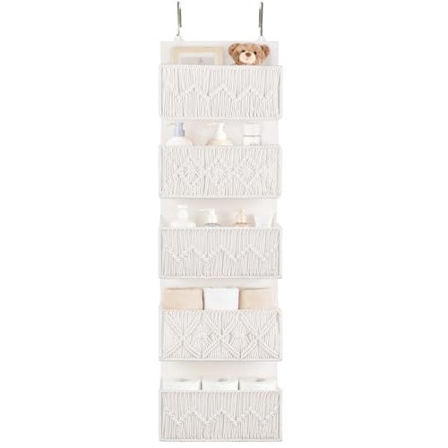 Dahey Over The Door Organizer Macrame Boho Hanging Back of Door Storage | 5 Large Cotton Pocket, Fit 1.77" Door, Space Saving, Multi-function, for Nursery Bedroom Bathroom Dorm Decor, Keep Upright