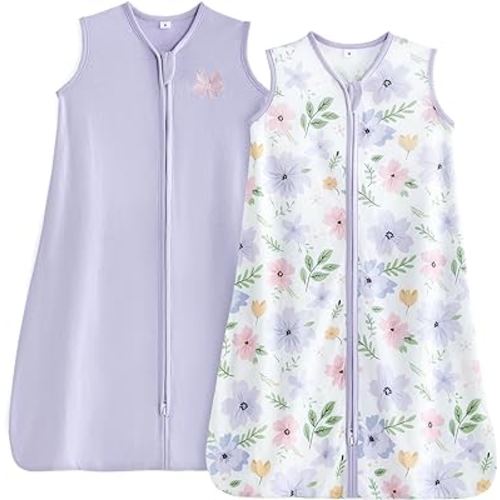 TILLYOU 2 Pack Baby Sleep Sack 12-18 Months 100% Cotton Wearable Blanket 0.5 TOG Sleeveless Summer Sleep Sacks with 2-Way Zipper, Brilliant Little Flowers and Purple