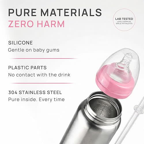 Hamarue 3-in-1 Stainless Steel Baby Bottle – Converts from Newborn Bottle to Sippy Cup to Straw Cup, Ages 0–4, Leak-Proof, 8 oz Pink