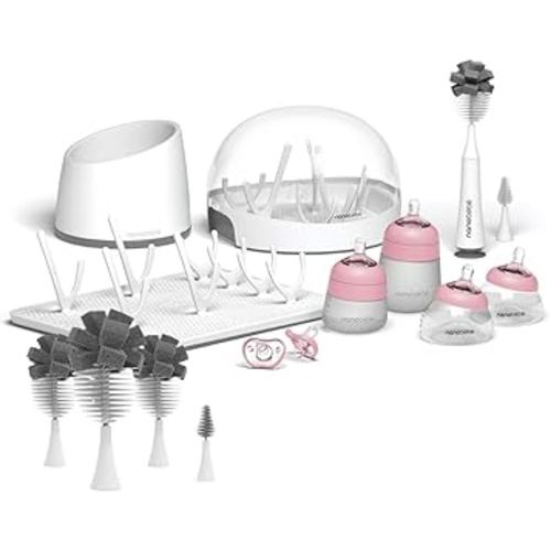 Nanobebe Breastmilk and Silicone Baby Bottle Ultimate Set Gen 2, 5oz and 9oz with Baby Bottle Cleaner Replacement Heads - Pink/Grey