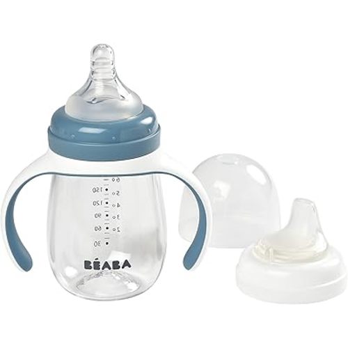BEABA 2-in-1 Baby Bottle to Transition Sippy Cup, No Spill Sippy Cup, Includes Removable Handles, Silicone Baby Bottle Nipple and Soft Spout, 7 oz (Rain)