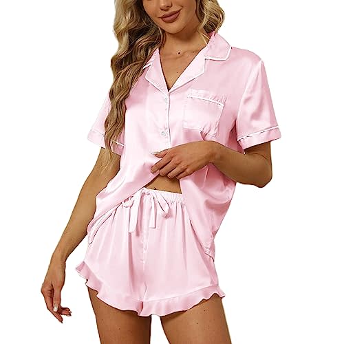 SAPJON Satin Silk Pajamas for Women 2Pcs Ruffle Notch Collar Sleepwear Button Down Short Sleeve Shorts Pjs Set Loungewear