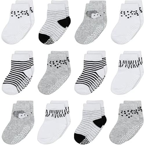 Organic Cotton Baby Socks 6-12 Months, 12 Pairs Unisex Anti Slip - Soft & Hypoallergenic Baby Girl & Boys Socks (US, Age, 6 Months, 12 Months, Gray - White)