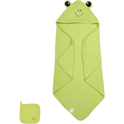 dix-rainbow Hooded Baby Towel and Washcloth Set, Viscose and Cotton, Ultra Soft, Absorbent, Bath Towel for Newborn, Infant, Toddler (Frog)