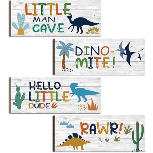 Qunclay 4 Pcs Dinosaur Room Decor for Boy Dinosaur Wall Art Decor Dino Prints Nursery Bedroom Decoration Inspirational Poster Wall Plaques for Boy Kid Toddler Playroom Classroom