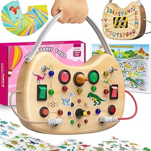 flycoost Montessori Busy Board with LED Light Switches,Toddler Toys for 1 2 3 Years Olds Wooden Activity Autism Baby Busy Board,Sensory Travel Toys for Toddlers 1-3 Years Old Boy&Girl Birthday Gift