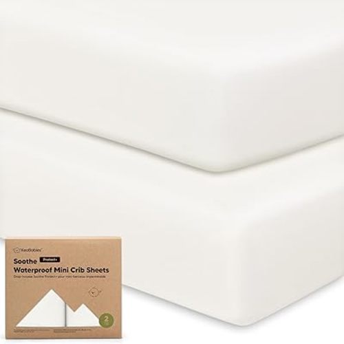 2 Pack and Play Sheets, Waterproof Mini Crib Sheets Fitted - 38x26 Organic Cotton Pack N Play Sheets for Graco Pack and Play Mattress, Playard Baby Crib Sheets,Neutral for Boy,Girl,Toddler(Soft White)