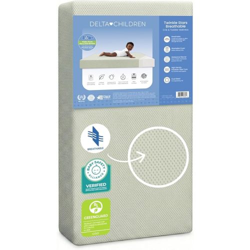 Delta Children Twinkle Stars Breathable Baby Bed Crib Mattress and Toddler Mattress with Removable/Machine Washable Cover - GREENGUARD Gold – Waterproof - Sustainably Sourced Core Fiber Core, Green