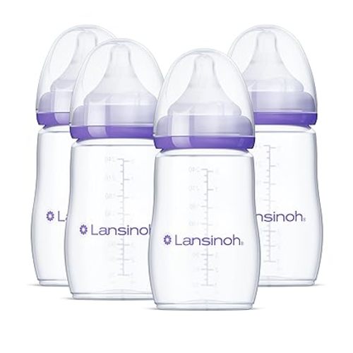 Lansinoh Anti-Colic Baby Bottles for Breastfeeding Babies, 8 Ounces, 4 Count, Includes 4 Medium Flow Nipples, Size M