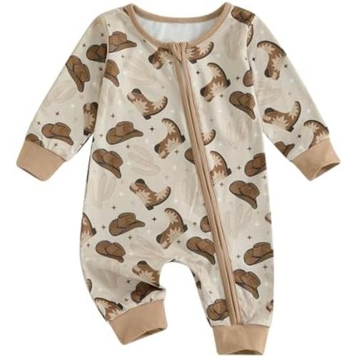 SAYOO Western Baby Boy Clothes Fall Zipped Cowboy Romper Outfit Infant Cow Print One-piece Jumpsuit Overall Country Stuff