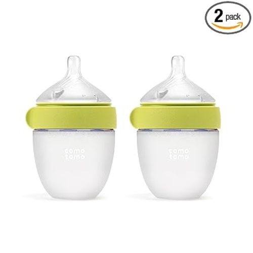 Comotomo Silicone Baby Bottle Gen 2 – 2026 Release (5oz) – True Slow-Flow Nipple for Newborn Feeding (0-3 Months) with Dual Anti Colic Vents for Breast to Bottle Transition, Green (Double Pack)