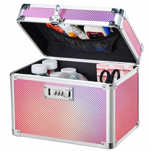 Medicine Lock Box with 3-Digit Combination Lock – Pink Lockable Storage Box for Medication, Small Lock Box for Valuables, 10"x7"x7.9" Locking Medicine Box for Home Travel Dorm