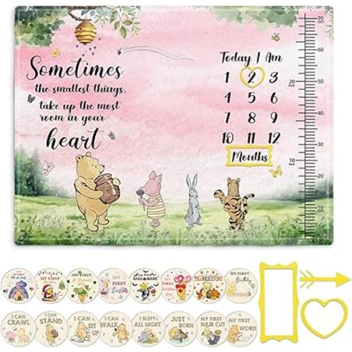 Winnie Quotes Milestone Blanket for Baby, Pink Baby Blanket Growth Chart, Newborn Photography Background Decor, with 8pcs Double-Sided Printed Holiday Cardstock 30 * 40in, Christmas Decor Photo Gift