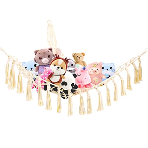 ROPECUBE Stuffed Animal hammock or Net,Macrame Toy Hammock with Tassels for Stuffed Animals,Corner Plush Toys Storage Organizer for Nursery Kid Room Playroom