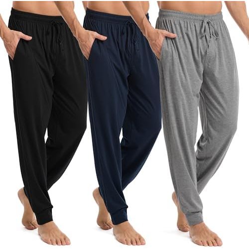 3 Pack Mens Pajama Pants Cotton Jogger Pjs Comfy Lightweight Lounge Sleep Pants for Men with Pockets & Drawstring