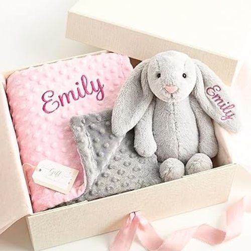 Personalized Baby Blanket & Plush Bunny Set, Custom Minky Dot 2-in-1 Swaddle & Rabbit for Boys & Girls, Toddler Infant Gift Set for Baby Shower, Birthday, and Newborn