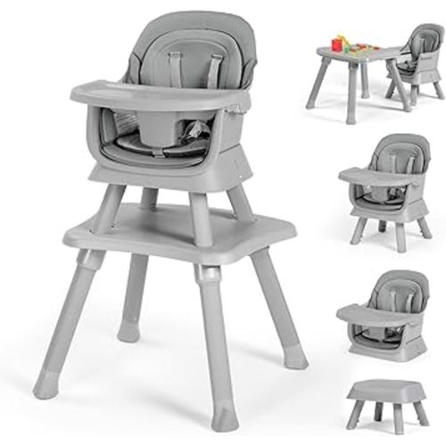 Kinder King Baby High Chair, 8 in 1 Coverts to Dining Booster Seat/Kids Table & Chair Set/Toddler Building Block Table/Kids Stool, Removable Tray & Double Seat Cover, Easy to Wipe, Grey