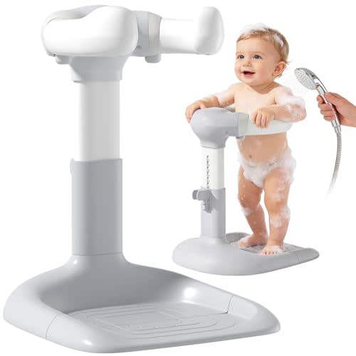 Upgraded Baby Shower Stand with Anti-Pinch Silicone & Anti-Slip Base, Adjustable Height Baby Bath Standing Support, Soporte para Bañera de Bebé Assist Holder for 6-36 Months Toddler, Ideal Gift, Gray