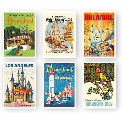 Set of 6 – Vintage Travel Poster Prints, Unframed – Retro Disneyland Theme Park Wall Art – 5x7 Inch Decor for Home, Garage, Office