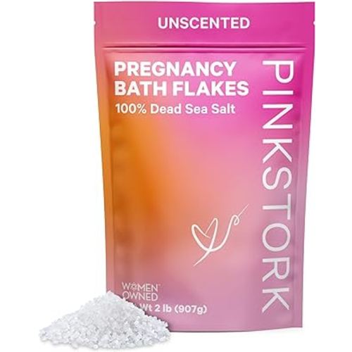 Pink Stork Pregnancy Bath Flakes: Magnesium Bath Salts for Pregnant Women, Dead Sea Salts for Soaking in Bath or Foot Soak, Pregnancy Must Haves, Unscented Without Parabens or Fragrance, 2 lbs