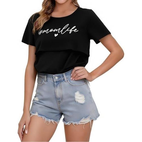 Breastfeeding Shirts for Women Double Layer Maternity Nursing Tops Distressed Acid Washed Nursing Tshirt
