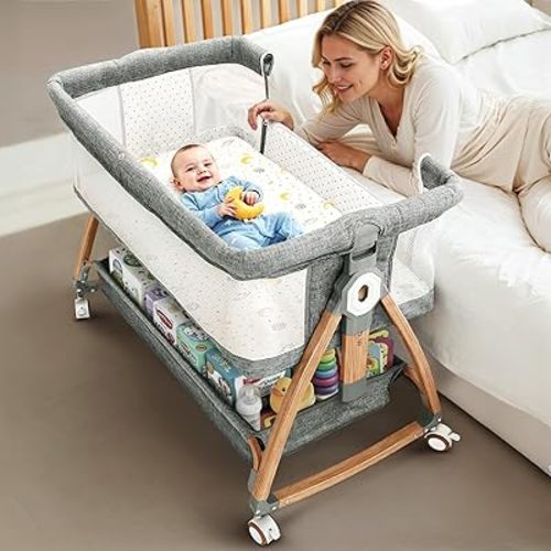 Earth&ME Baby Bassinet Bedside Sleeper with Rocking - All Mesh Portable Bedside Crib for Safe Co-Sleeping, Storage Basket and Wheels, Adjustable Height, Includes Travel Bag, Mosquito Net (Grey)