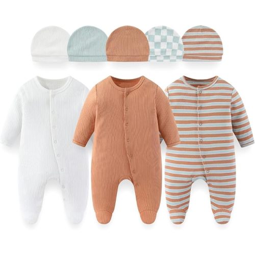 8 Pack Unisex Baby Boy Girl Footed One-piece Outfit Infant Hats 0-12months Comfort New Born Romper Clothes