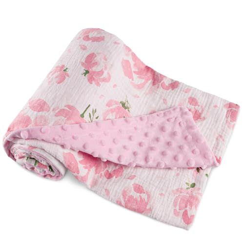 GLLQUEN BABY Blankets for Unisex Boys Girls, Muslin Cotton Front Soft and Breathable, and Dotted Fleece Backing, Printed Bed Nursery Minky Blankets for Toddler Newborn, Pink Flower, 30 x40 inches