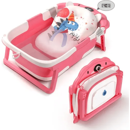 Baby Bathtub,Collapsible Baby Bath Tub with Thermometer & Soft Floating Cushion,Portable Travel Baby Bathtubs for Newborns to Toddlers 0-36 Months(Bear Pink)