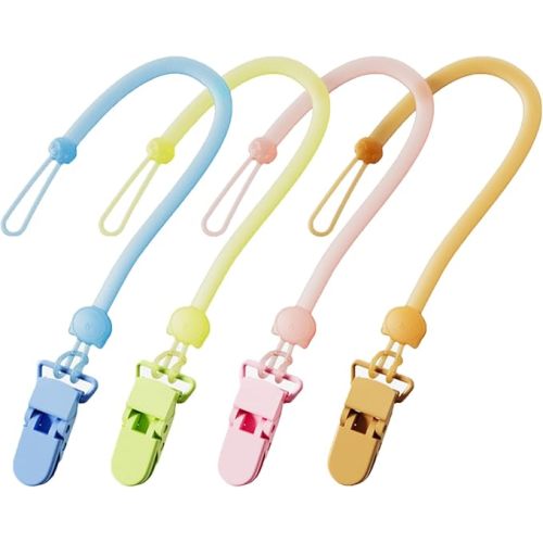 Silicone Pacifier Clip Holder, 4 Pack Dummy Clips, One Piece Soft Flexible Binky Clips Pacifier Holder Clip for Boys and Girls, Baby Newborn Essentials, Teething Relief, Birthday Christmas Shower Gift