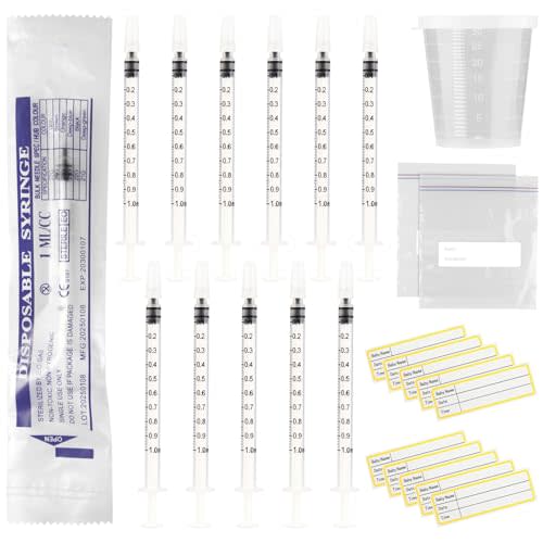 20 Sets 1ml Colostrum Syringes with Caps No Needle Colostrum Collector Kit Include 20pcs 1ml Sterile Syringes, 20 Labels, 2 Storage Bags and 1 Measuring Cup