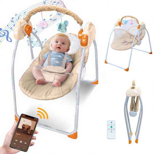 Portable Electric Baby Swing For Infant, Baby Bouncer With Bluetooth Music And Toy Bar, Khaki