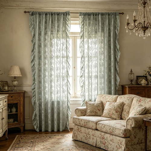 French Sage Green Ruffled Lace Sheer Curtains, Vintage Floral Jacquard Girly Drapes for Living Room, Rod Pocket Panels, 55x79 Inches, 1 Panel