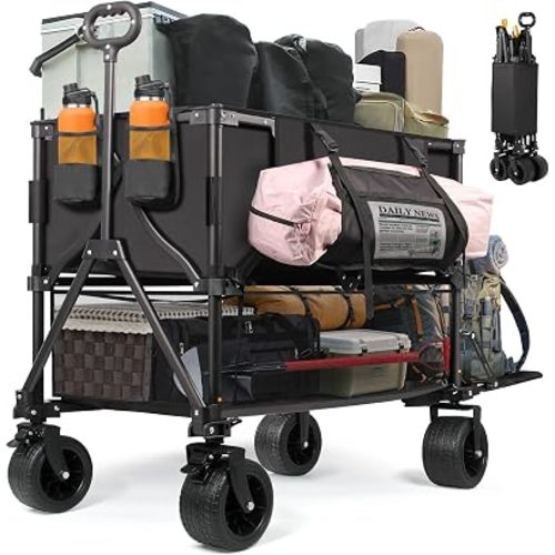 Double Decker Wagon Heavy Duty Collapsible, 600LBS 400L Capacity Foldable Utility Cart with Big Wheels for Beach, Outdoor, Camping & Gardening, Durable Steel Frame