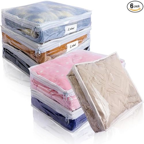 Clear Zippered Storage Bags Plastic Sweater Storage Bags with Zipper 6 Packs Clothing Organizer for Blankets Linen Sweater Bed Sheet Quilt Clothes Pillow (15.7 x 13.8 x 3.9 Inch, White)