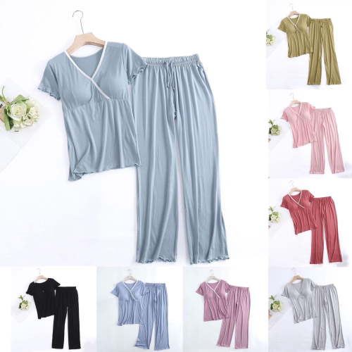 Amzcrzy Womens Maternity Nursing Pajama Set Short Sleeve Top & Pants Breastfeeding Pregnancy Set with Pockets M-XXL