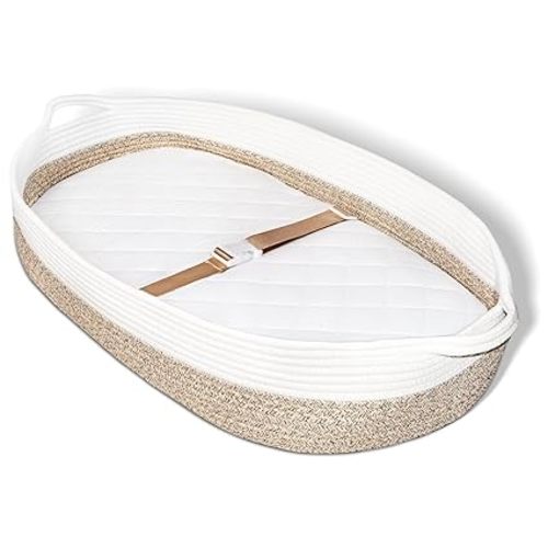 Baby Changing Basket with Diaper Changing Pad Breathable Waterproof | Dual-Cover Foldable Portable Travel Cotton Rope Baby Changing Mat for Dresser & Table Gift for Baby Shower