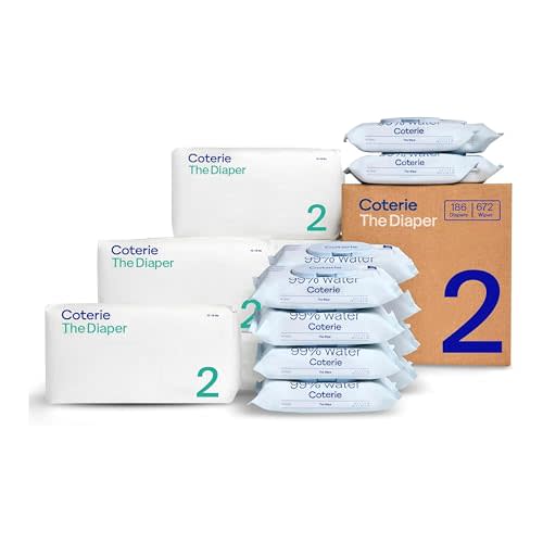 Coterie Baby Wipes + Diapers Kit, Size 2 Diapers, 12-Pack Wipes | Includes Size 2 diapers (186 ct), 12 pk (672 ct) wipes, 99% water, plant based, hypoallergenic for sensitive skin