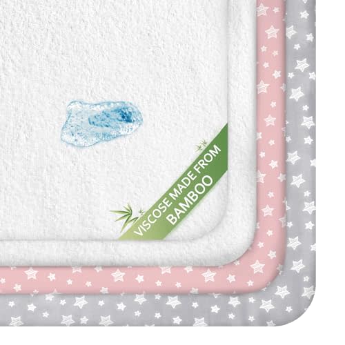 Crib Sheets & Waterproof Crib Mattress Protector for Boys 4 Pack Set, Viscose, Waterproof Crib Sheets Mattress Pad Cover, Grey & Pink